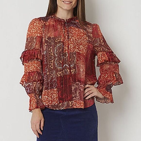Frye Womens Tunic Top Patchwork Ruffled Long Sleeve Chiffon Peasant Boho Large - Picture 11 of 16